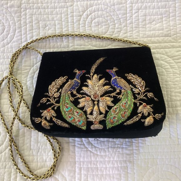 Vintage Zardozi Black Velvet Bag Clutch Gold Embroidery Double Peacock Design In - Picture 8 of 16